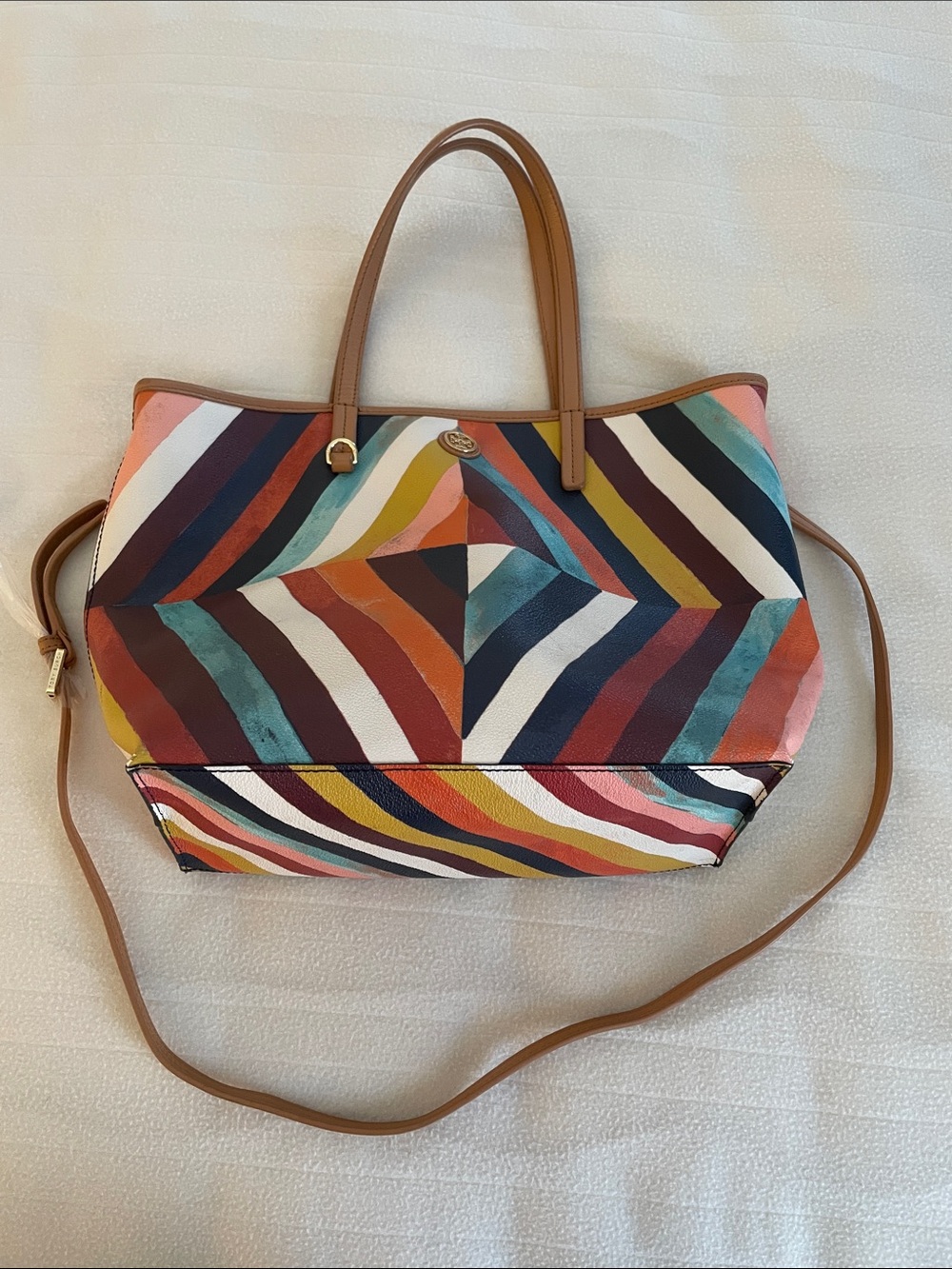 Tory Burch Kerrington Multicolor Chevron Stripe Tote with Tan Handles